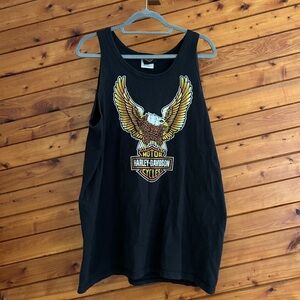 Black Harley Davidson tank top with golden eagle design #bikerstyle